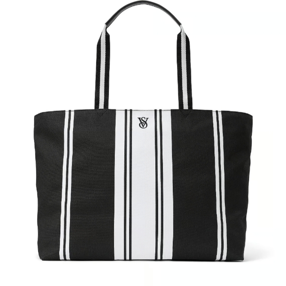 Victoria Secret Stripped Blk &Wht Tote w/Lip Gloss and Lip Oil - Picture 1 of 12
